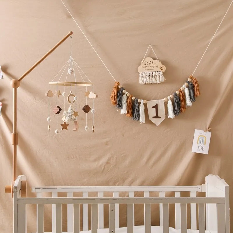 Baby Crib Mobile Bed Bell Rattle Toys Wooden Crochet Stars Pendant Bed Bell Toys Newborn Comfort Crib Bracket Hanging Toys Gifts