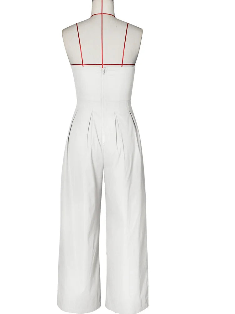 Beyprern New Chic Button Details Palazzo Jumpsuit One Piece Outfits Womens Ruched Strapless Wide Legs Jumpsuits Romper Clubwear