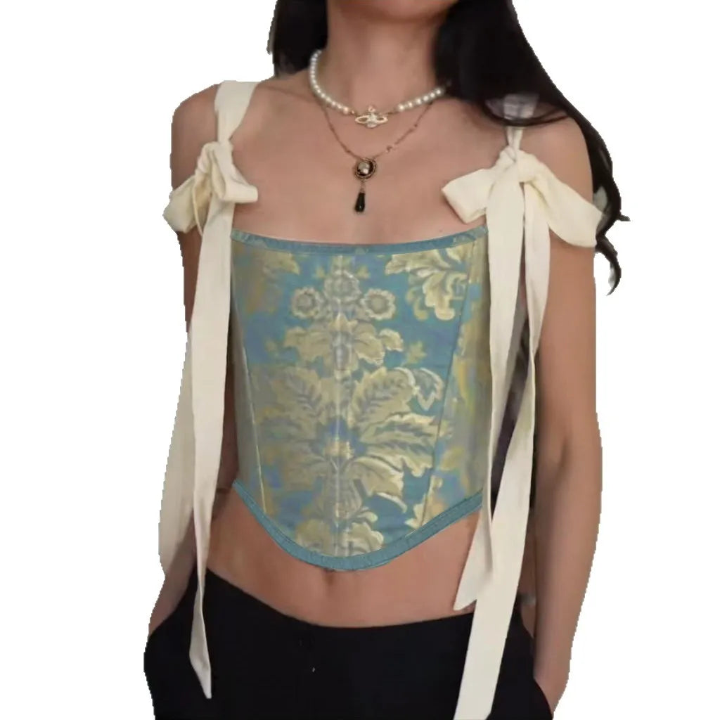 European and American fashion suspender embroidery printing bow waist vest female ins niche spice girl wind Joker slim top