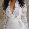Sexy Deep V-neck Solid Jumpsuit Elegant Office Lady Hollow Lace Long Sleeved Slim Belt Jumpsuit Autumn Commuting Women Clothing