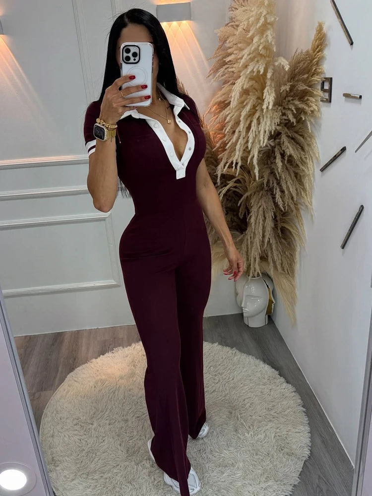 Beyprern Women's Turn-Down Collar Patchwork Wide Legs Jumpsuits Fashion Short Sleeve Stretchy Fitted Overall Night Club Outfits