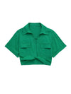 Women Fashion Front Knot Elastic Linen Cropped Shirts Vintage Short Sleeve Patch Pockets Female Blouses Blusa Chic Tops