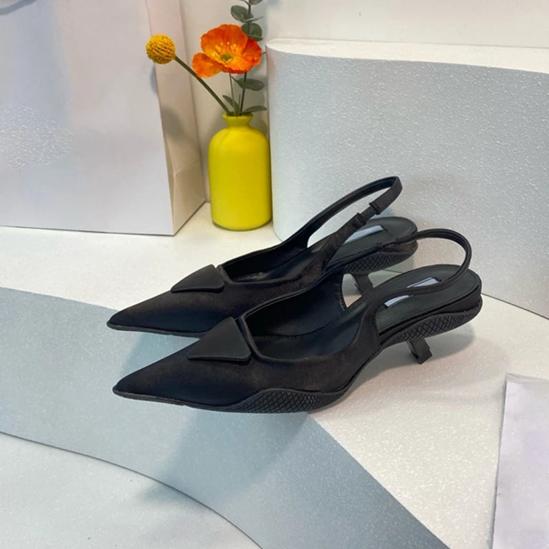 Women Sandals 2025 Spring New Brand Woman Slingback Shoes Fashion Ladies High Heels Elegant Med Heel Pointed Toe Slip on Sandal