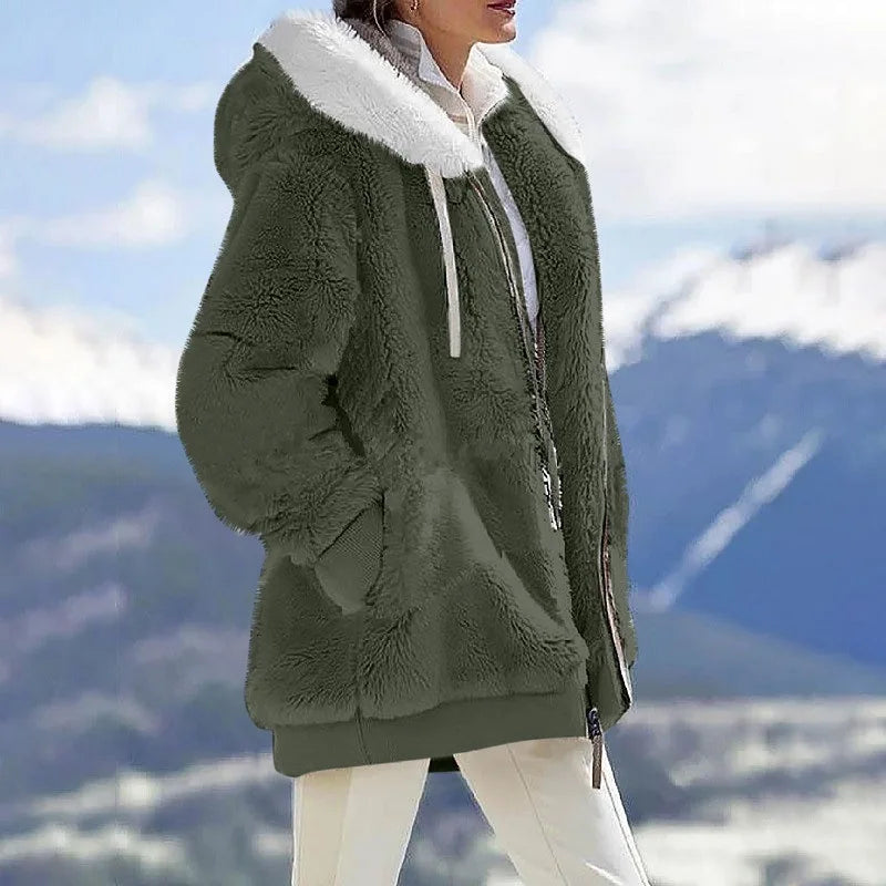 Autumn Winter Fashion Women's Coat New Casual Hooded Zipper Lady Clothes Cashmere Female Fleece Jacket Solid Color Ladies Coats