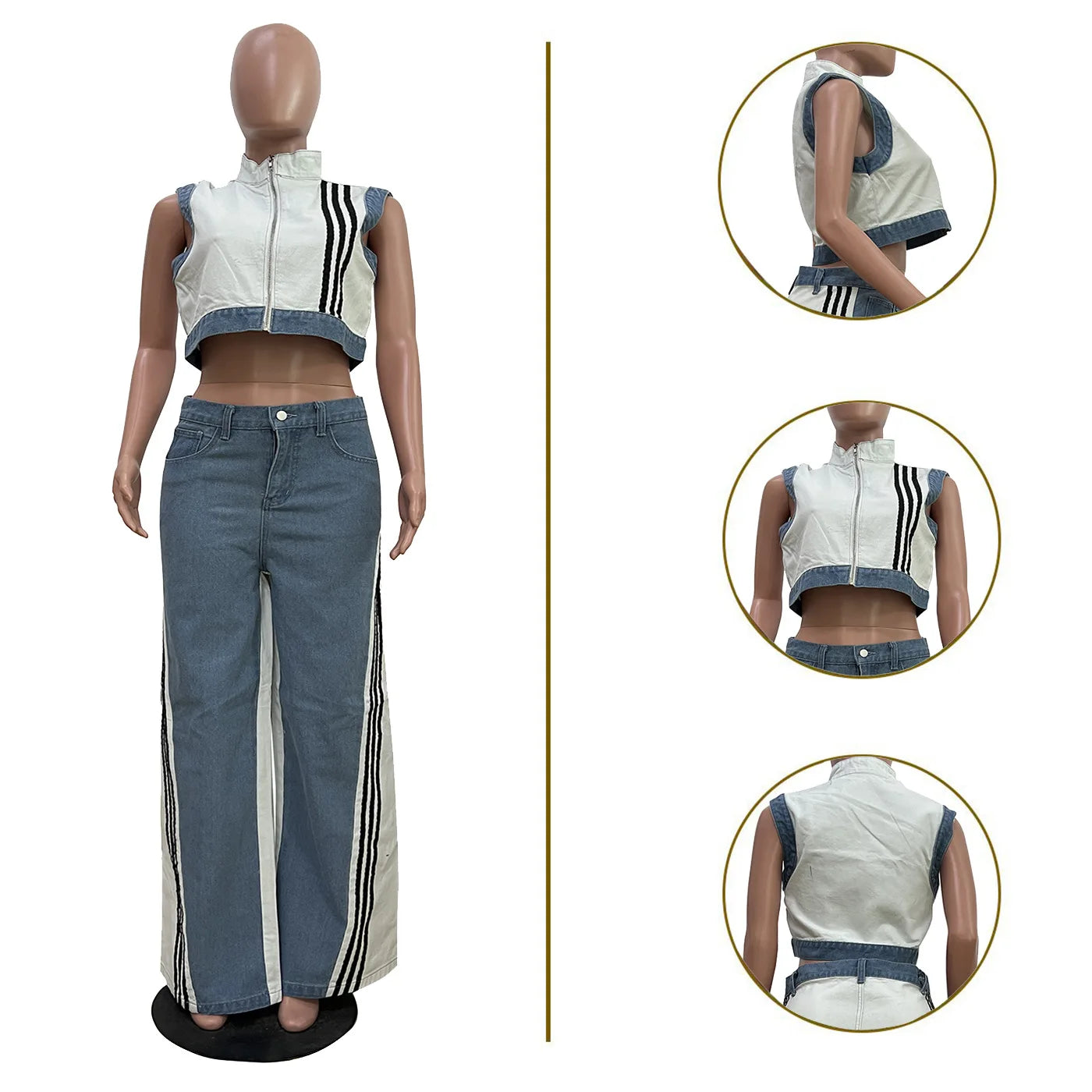 2 Pieces Women's Sets 2025 Spring Summer Denim Sleeveless Suit Tops And Wide Leg Pants Suits Two Piece Set Tracksuit Outfit