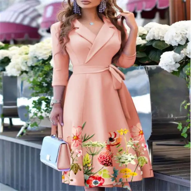 New Womens Dress Clothing Printing Suit Collar Tie Dress
