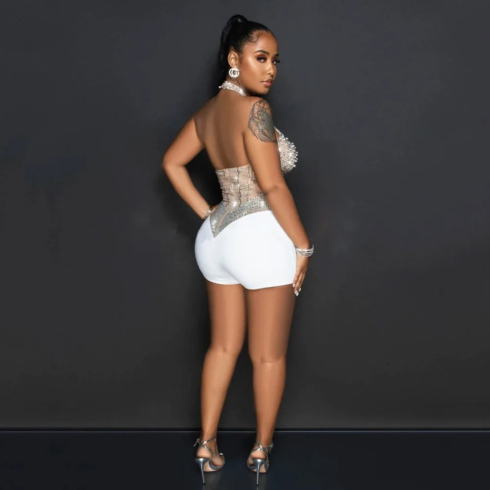 HLJ Gold Woman Evening Party Outfits Rhinestone Crystal Luxury Jumpsuits Women Corset Patchwork Bodycon Rompers Elegant Sexy