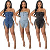 Rompers Women One Piece Elegant Splice Denim Jumpsuits Sexy Slim Fit Strapless Sleeveless Short Pants Sheath Playsuits