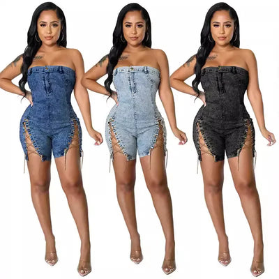 Rompers Women One Piece Elegant Splice Denim Jumpsuits Sexy Slim Fit Strapless Sleeveless Short Pants Sheath Playsuits