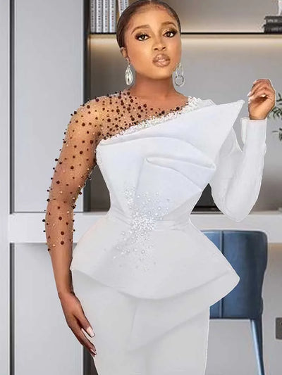 Spring 2 Pieces Set for Woman Pearl Top with Sleeves Pants Suit Women Outfit Elegant Classy Evening Wholesale Dropshipping