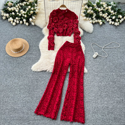Women  Three-dimensional floral  loose T Shirt Bodycone Tops Female High Street Y2k Tops  Summer Two Piece Set