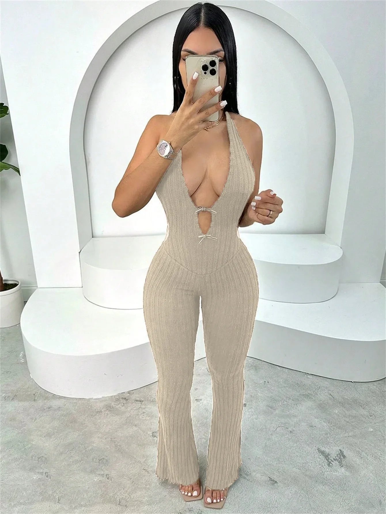 Women Knit Halter Bow Sleeveless Long Jumpsuits 2025 Summer Backless Sexy Outfits Night Club Party One Piece Rompers