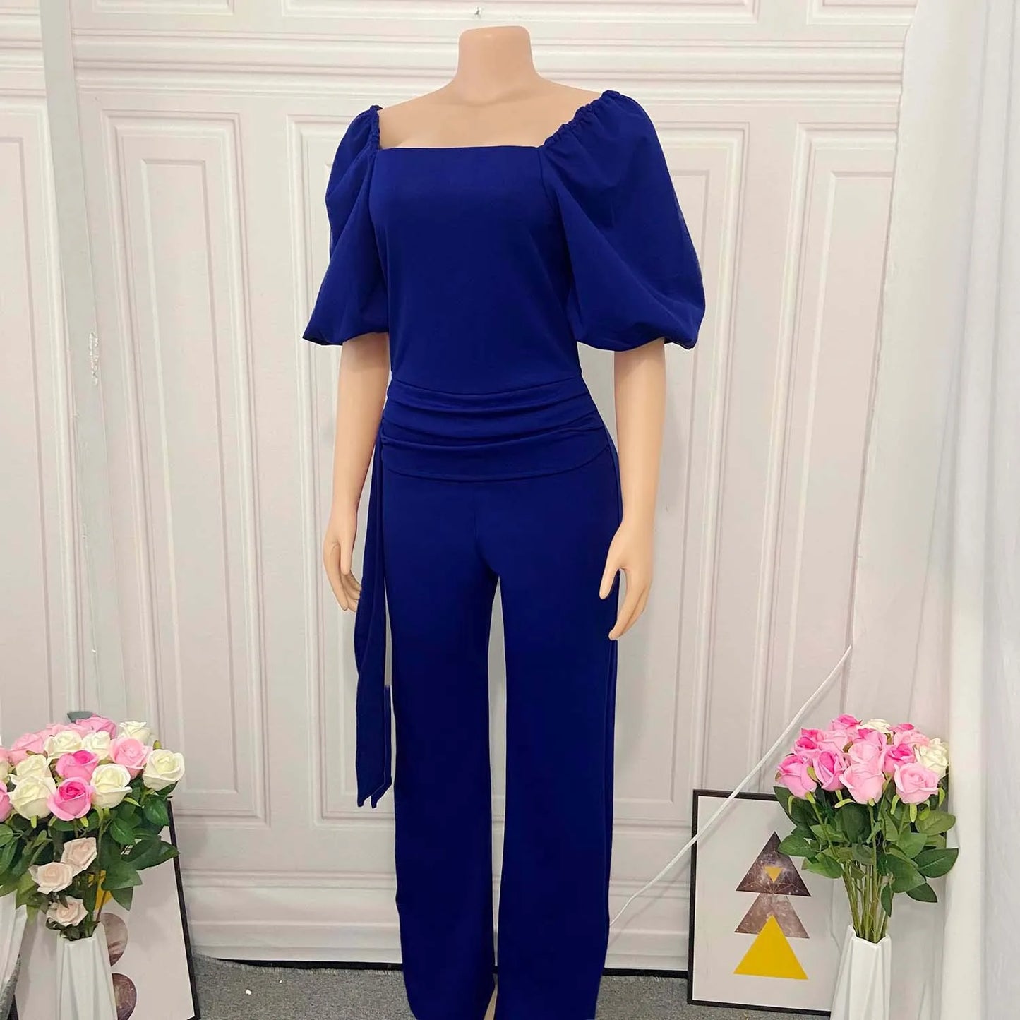 Elegant Jumpsuits for Women Luxury Square Neck Lantern Sleeve Big Swing Straight Female Birthday Party Dinner Outfits Overalls