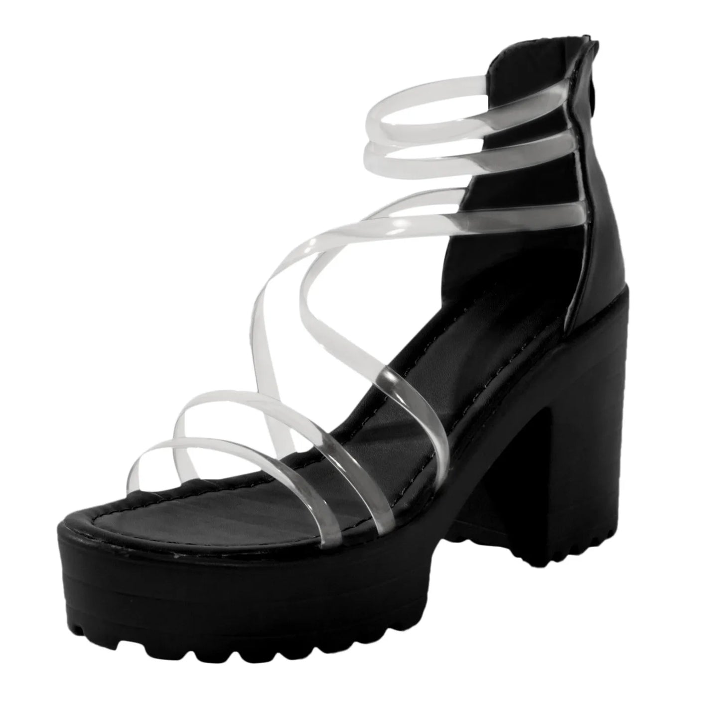 Women'S Fashionable Sandals Heels Asymmetric Transparent Strap Design Thick Heels Zipper Waterproof Platform High Heels Sandals