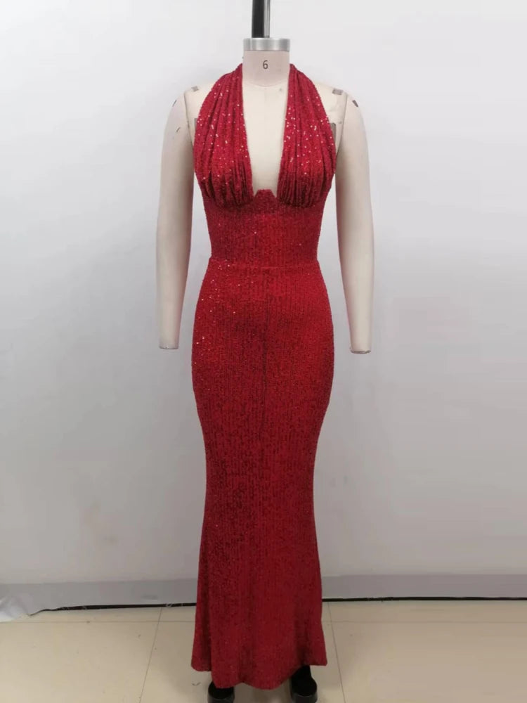 Sexy Halter Deep V Neck Sequins Maxi Dress Women Green Sleeveless Backless Sequined Slim Long Dresses Celebrity Party Gowns