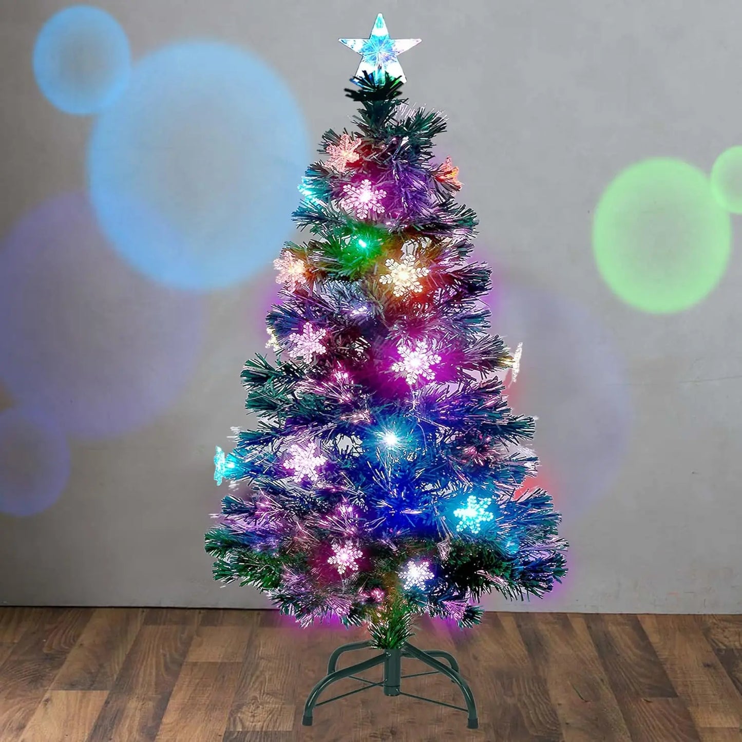 6 ft Pre-Lit Optical Fiber Christmas Artificial Tree, RGB Color Changing LED Lights, Snowflakes & Top Star, Fake Xmas Tree.