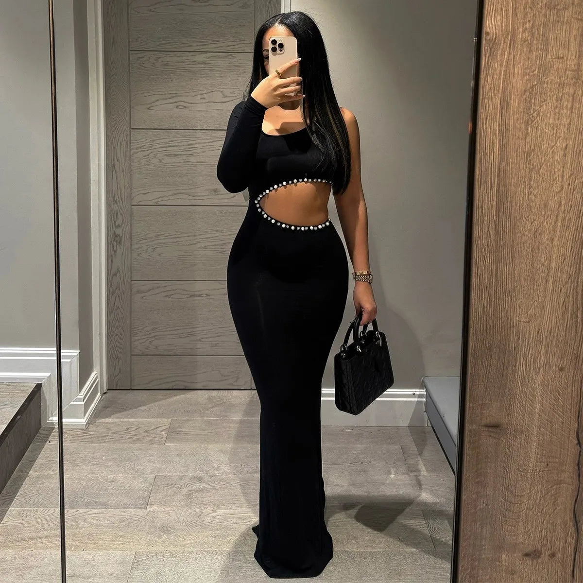 Joskaa Elegant Rhinestone Hollow Maxi Birthday Dress Woman Sexy O-Neck Single Sleeve Skinny Vestidos 2025 Evening Party Clubwear