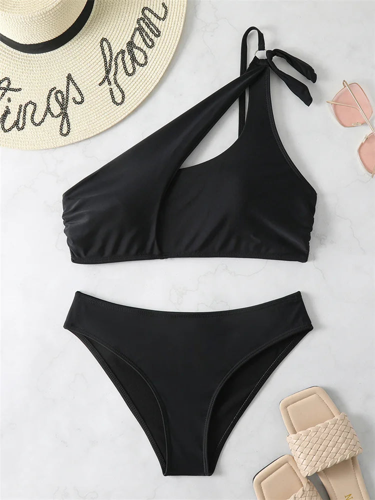 Bikini 2025 New Swimsuit Women Swimwear Solid Black One Shoulder Bikinis Set Bathing Suit Female Two Pieces Beach Wear Biquini