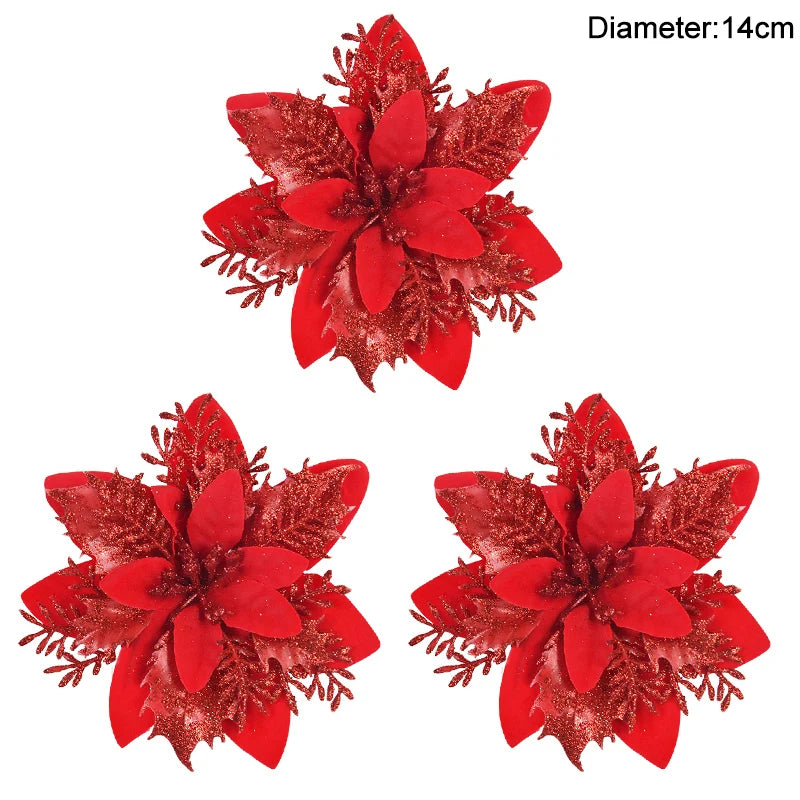 3/10pcs 14cm Christmas Flowers Glitter Red Gold Flower Head Xmas Tree Ornament New Year Decorations for Home Navidad Noel Gifts
