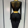 Women Sexy Long Sleeve Mesh Pearl Top Celebrity Midi Women Bandage Set 2025 Designer Evening Party Luxury Birthday Two Piece Set