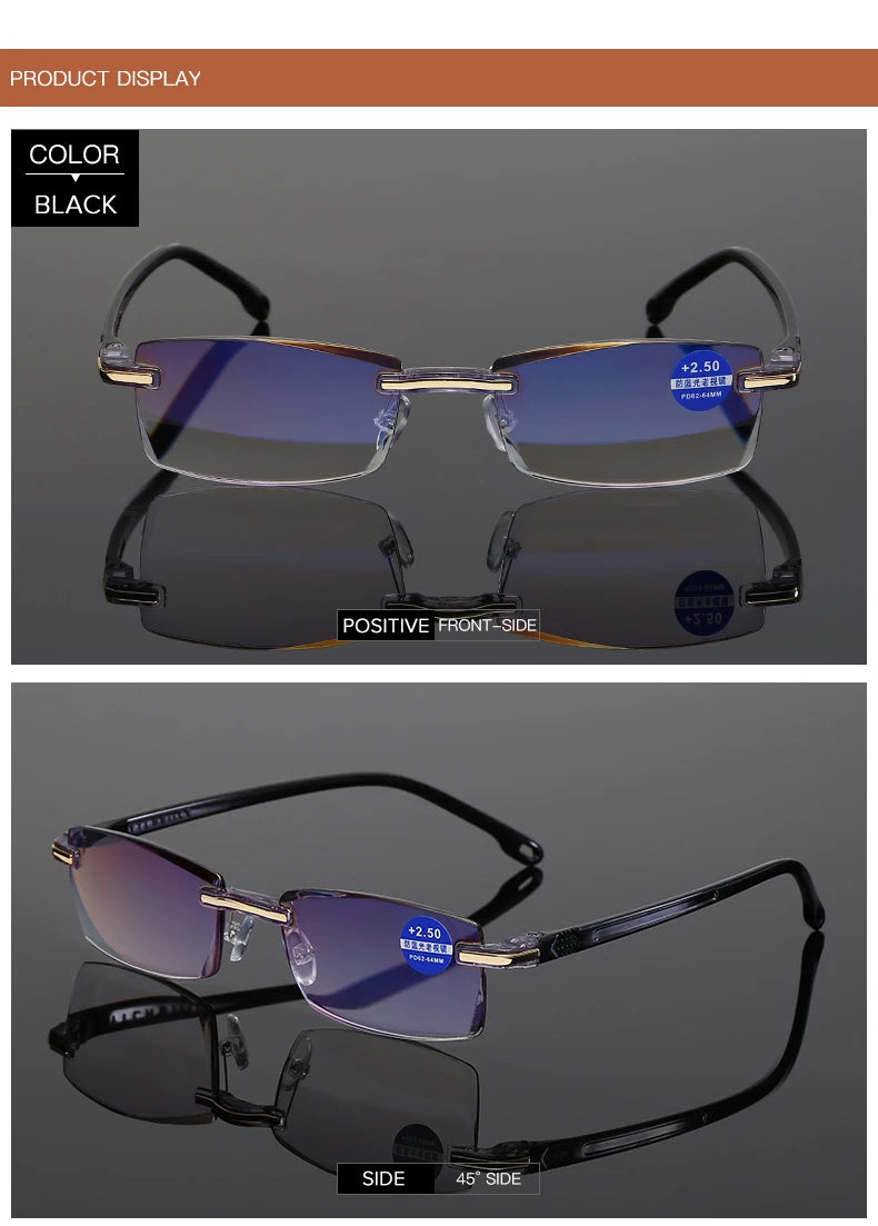 Men Blue Light Blocking Reading Glasses Women Dimond Cutting Rimless Eyeglasses Frame Anti Fatigue Hyperopia Presbyopic Eyewear