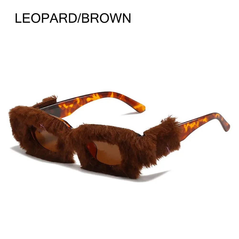 NEW Trendy Rectangle Sunglasses Women Punk Plush Sun Glasses Ladies UV400 Shades Fashion Funny Decor Eyewear
