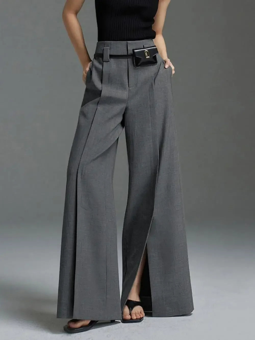 Yeezzi Urban Female Suit Pants 2025 New Fashion Black White Color Loose Straight Pant High-Waisted Pleated Split-Front Trousers