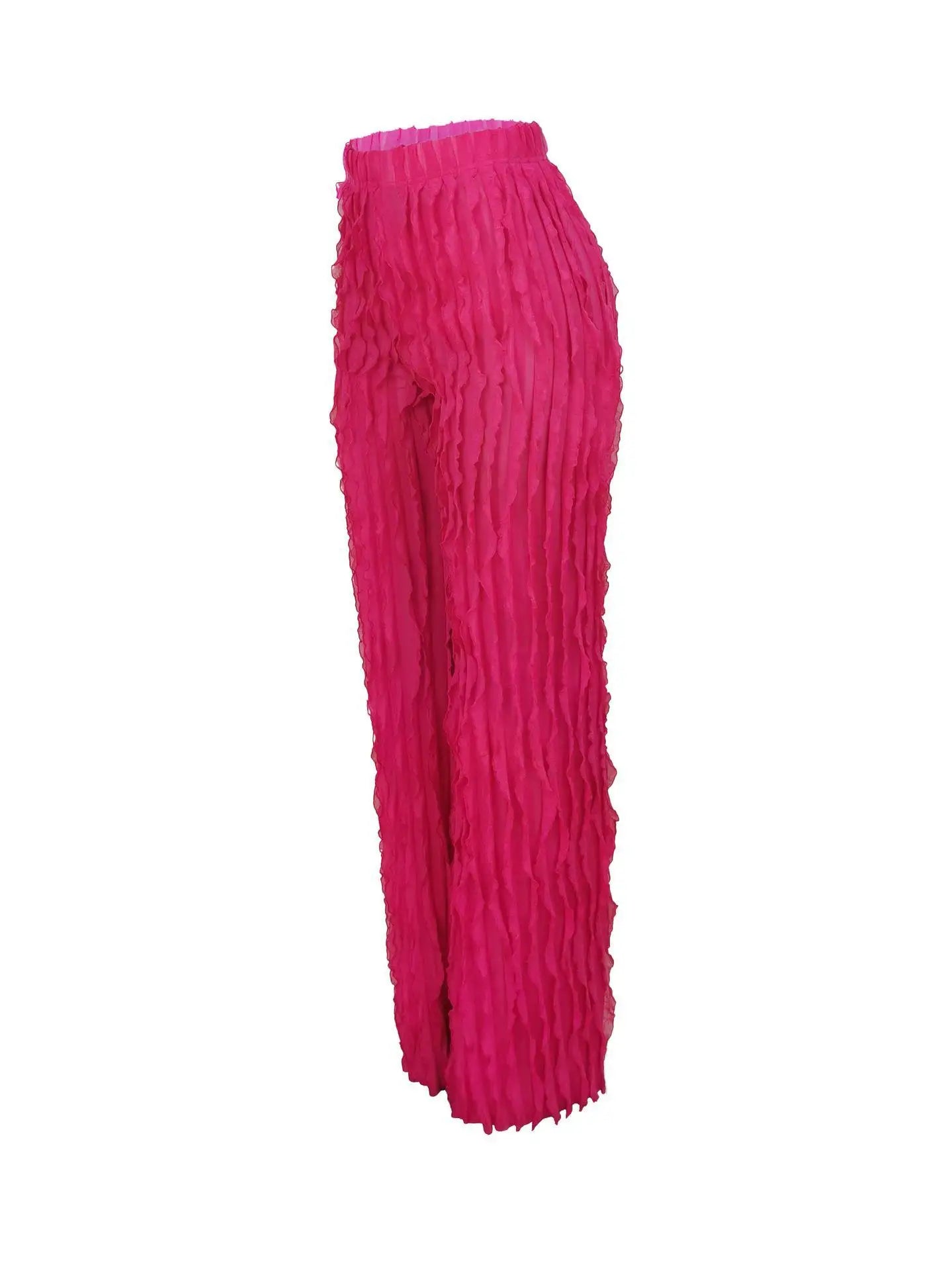 Women Pleated Ruffle Wide Leg Loose Pants Summer Female Mesh Wave Striped Full Trousers FDYFFZC-Y1260
