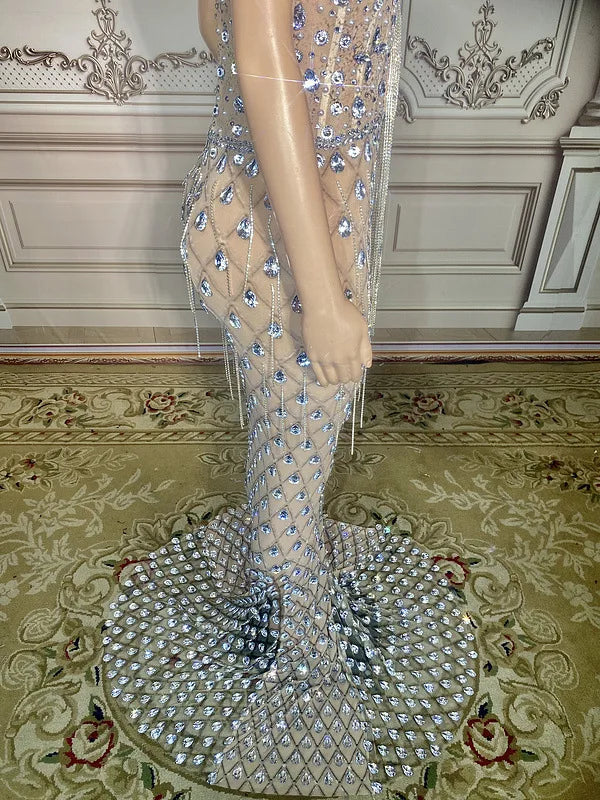 Charming Bright Crystal Dress Sexy Luxury Beaded Rhinestone Tulle Evening Dress Prom Party Dress Noble Wedding Wedding Dress