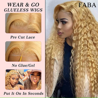 FABA Glueless Wigs Human Hair #27 Color Honey Blonde Deep Wave Human Hair Wig 13x4 Lace Frontal Wigs with Baby Hair 180% Density