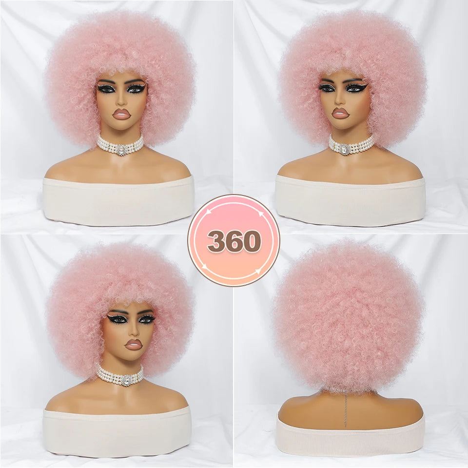 Short Afro Wigs for Black Women Blonde 10" Afro Curly Wig With Bangs 70s Bouncy Natural Synthetic Female Wigs for Party Cosplay