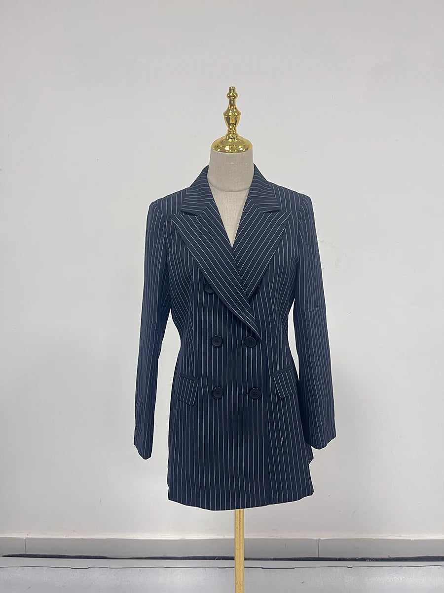 TWOTWINSTYLE Striped Temperament Blazers For Women Notched Collar Long Sleeve Tunic Patchwork Double Breasted Coats Female New