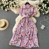 2024 Summer Women Floral Pleated Dress Vintage Turn-Down Collar Short Sleeve Single Breasted Printed Draped Midi Vestidos New