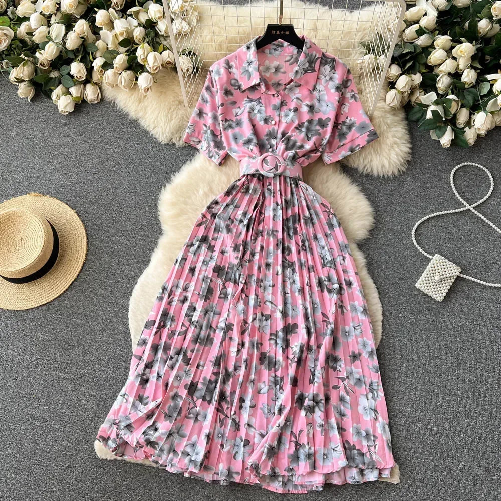 2024 Summer Women Floral Pleated Dress Vintage Turn-Down Collar Short Sleeve Single Breasted Printed Draped Midi Vestidos New