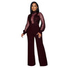 Fashion Women's Clothing Hollow Long-sleeved Loose Wide Leg Jumpsuits Overall Pants Solid Color Sexy Lace