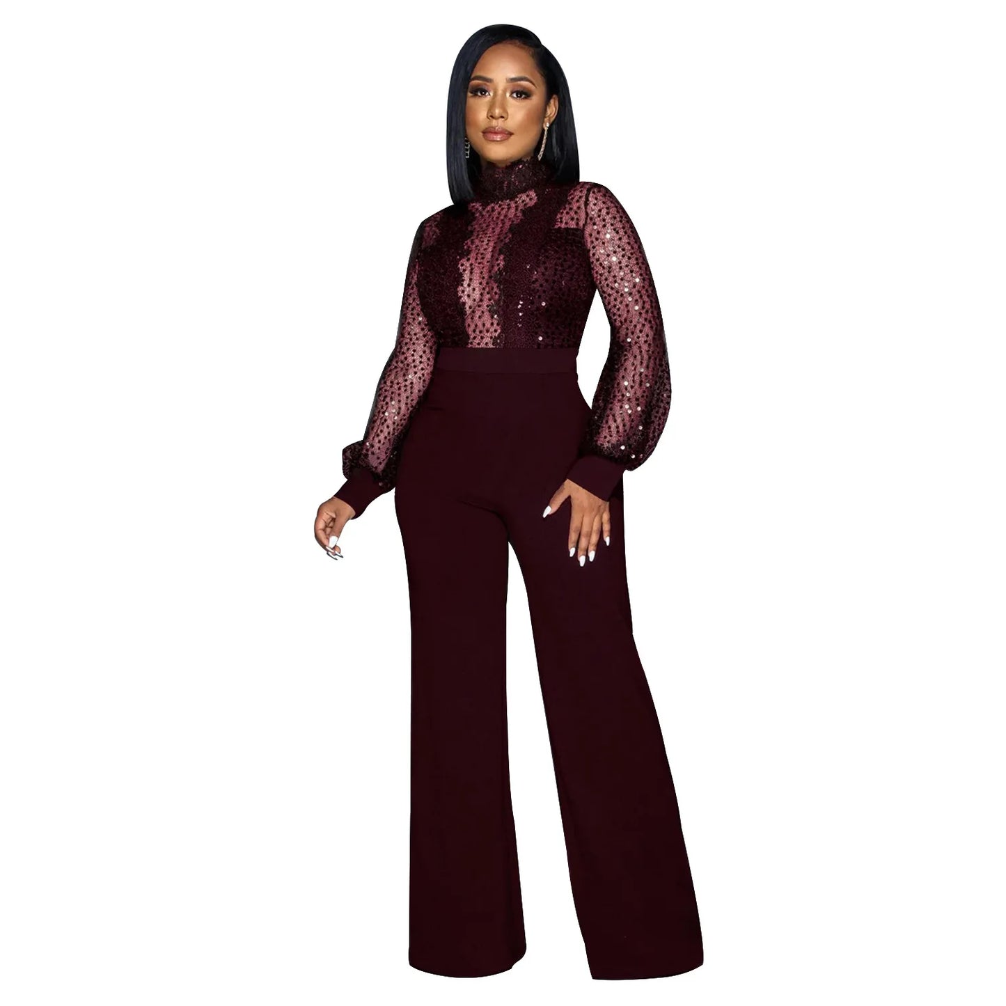 Fashion Women's Clothing Hollow Long-sleeved Loose Wide Leg Jumpsuits Overall Pants Solid Color Sexy Lace