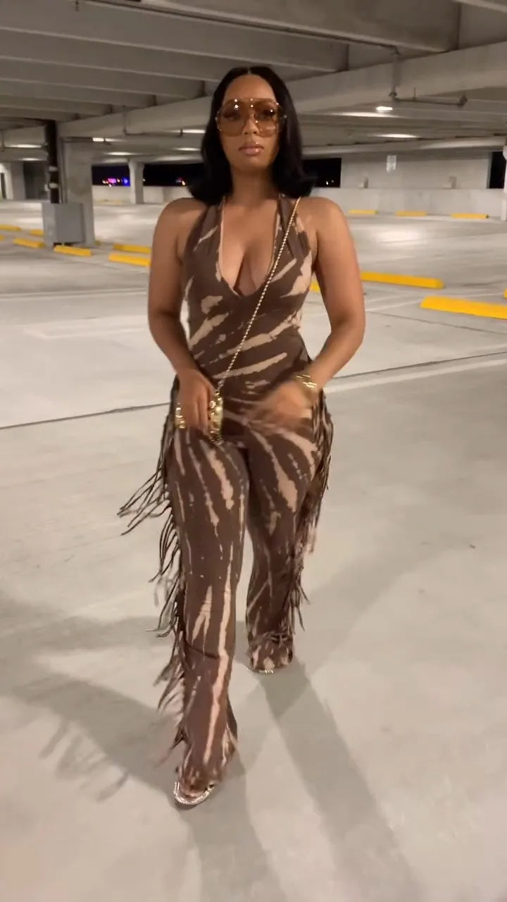 HLJ Sexy Striped Print Tassel Patchwork Bodycon Jumpsuit Women Halter Backless Skinny Rompers Female Party Clubwear Overalls New