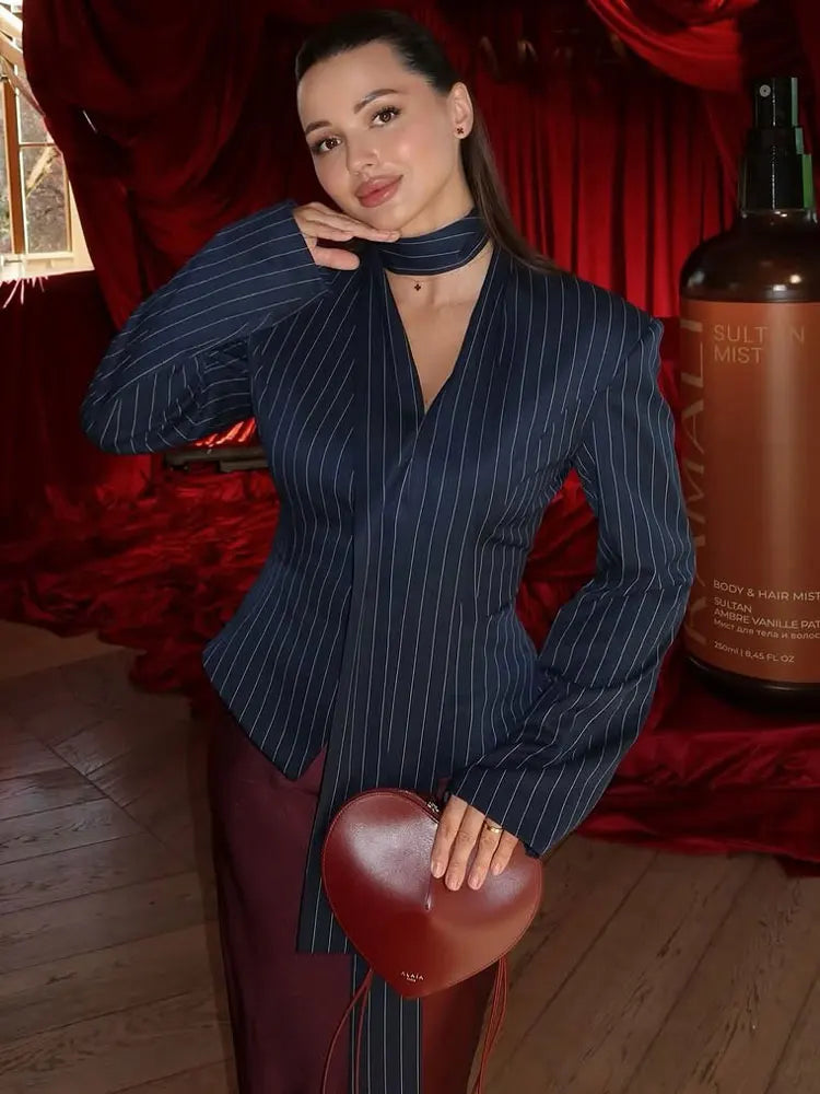 Tossy Elegant Female Striped Suit Coat For Women Scarf Lace-Up Patchwork V-Neck Long Sleeve Luxury Outwear Female Jackets Coat