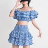 TWOTWINSTYLE Hit Color Print Casual Two Piece Sets For Women Slash Neck Short Sleeve Top High Waist Skirt Summer Set Female New