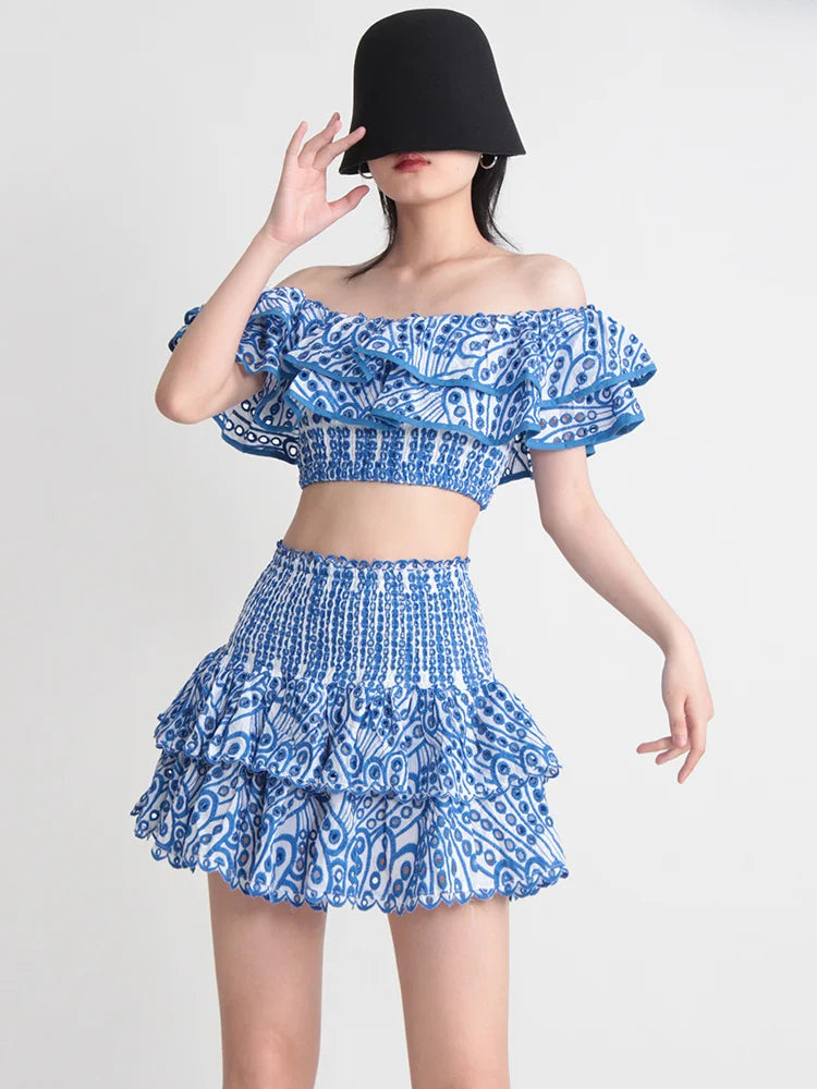 TWOTWINSTYLE Hit Color Print Casual Two Piece Sets For Women Slash Neck Short Sleeve Top High Waist Skirt Summer Set Female New