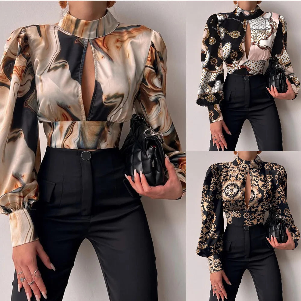Spring Women Sexy Backless Hollow Print Shirts Tops 2024 Casual Stand Long Sleeve Office Lady Blouses Fashion Party Crop Top