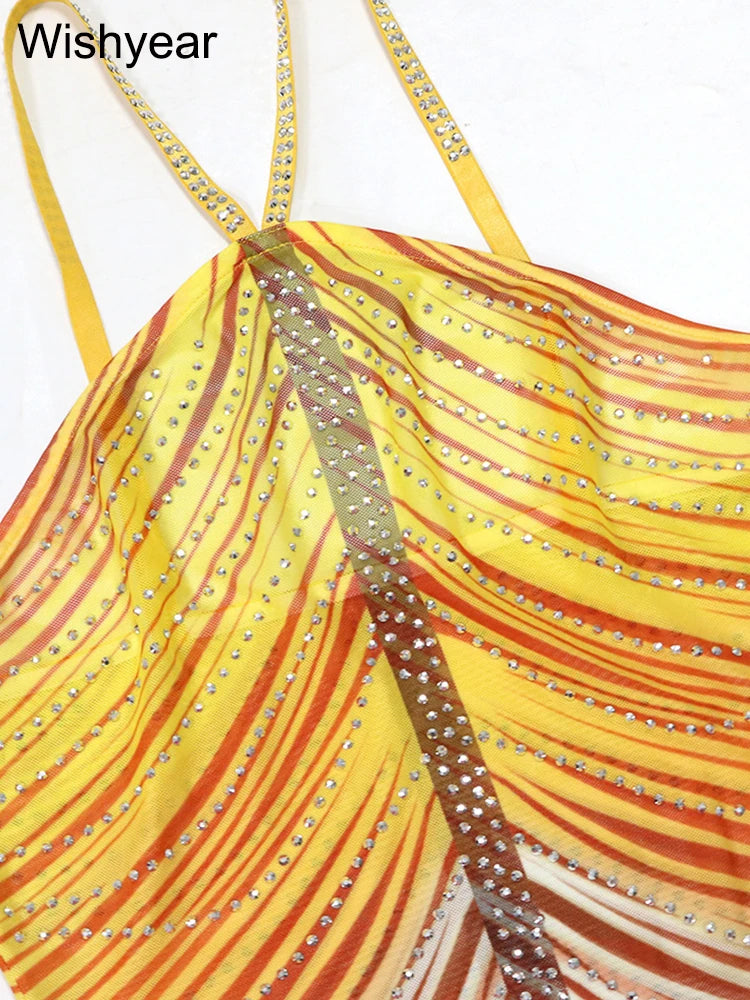 New Gradient Rhinestone Tie Dye Print Halter Mermaid Long Dresses Women Backless Sleeveless Slim Birthday Party Prom Vestidos