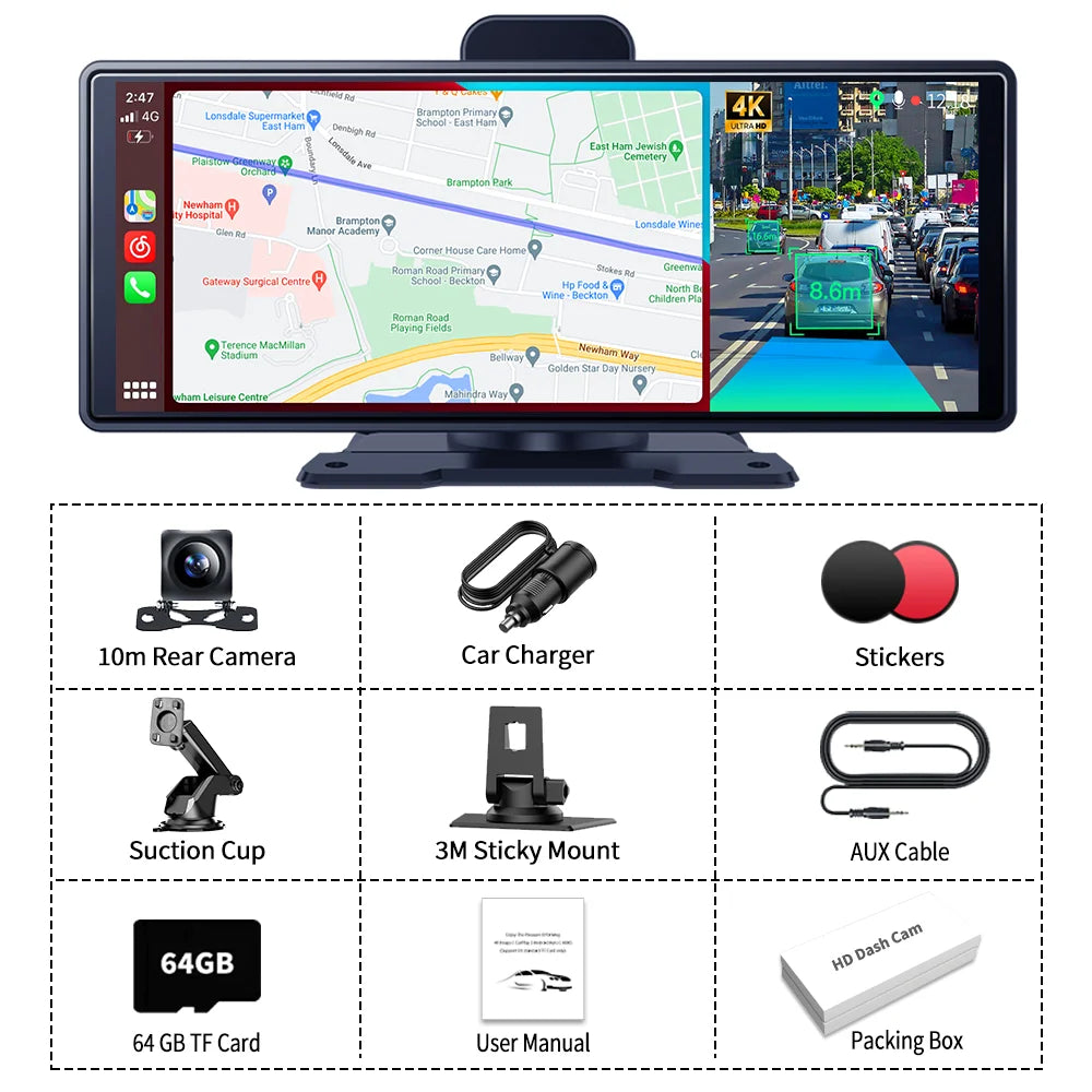 Imagebon 10.26" 4K ADAS Wireless CarPlay & Android Auto Dash Cam Night Vision 24h Park Monitoring Loop Recording GPS FM Car DVR