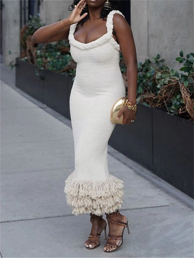 Fashion Yellow Tassel Knitted Sling Midi Dress for Women 2024 Sexy Backless Sleeveless Summer Beach Party Lady Robes