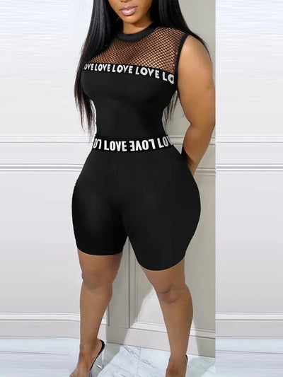Fashion 2025 New Sexy 2 Pieces Sets Women Suits Letter Band Patch Fishnet Design Top & Shorts Set Feamle Clothes Black Outfits