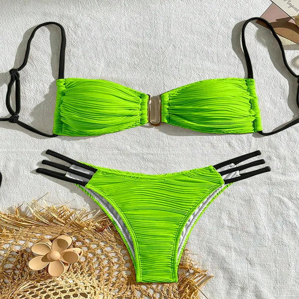 Women Two-piece Trunk Swimsuit Stylish Bandeau Padded Bikini Set Split Swimming Suit Lady Girls Pad Bra Briefs Set Beachwear