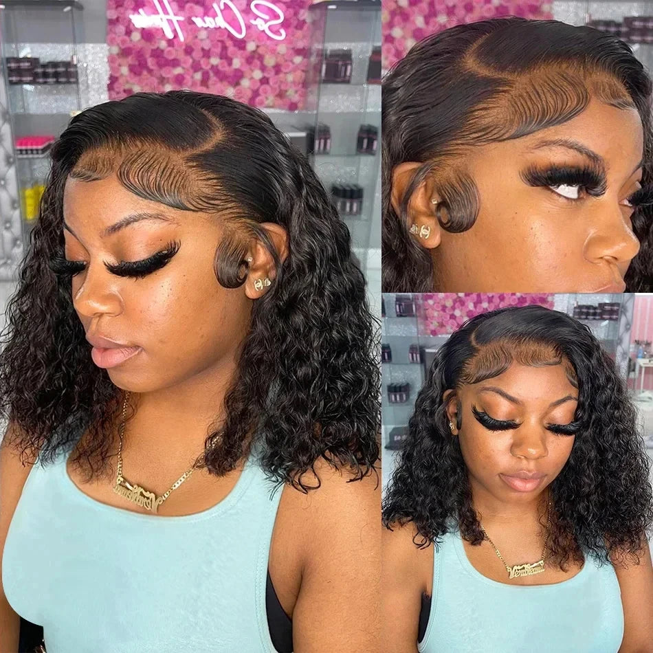 Brazilian Deep Water Wave Bob Wig 13x4 Lace Frontal Wig 100% Human Hair Short Curly 4x4 Closure Wig Preplucked Remy Hair 14 Inch