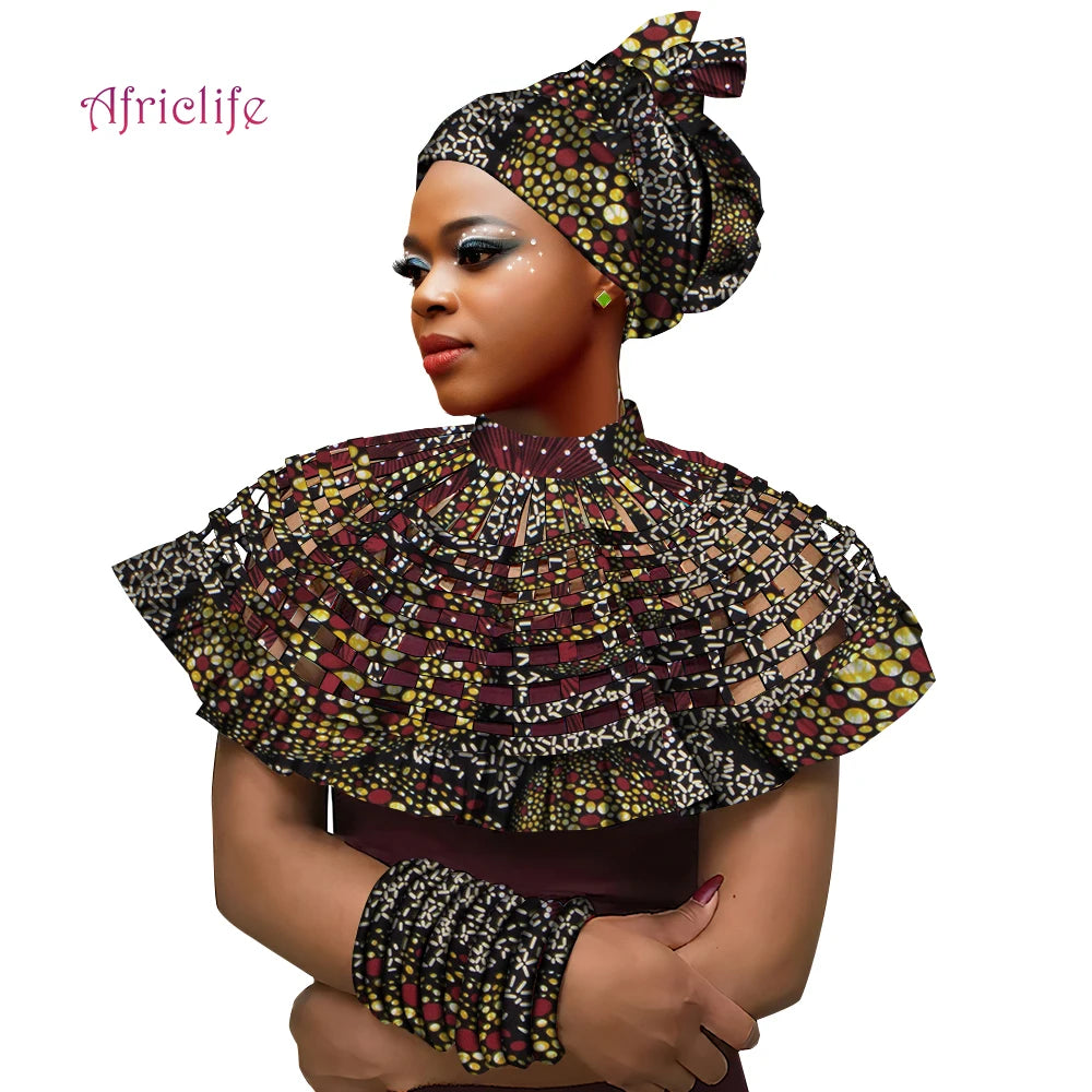 Ankara African Shawl Collar Women Multi Strands Net Necklace and 1 Headband and10 bracelets Handmade Jewelry SP159
