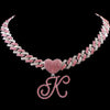 Hip Hop Bling Pink Crystal Cursive Initial Letter Cuban Necklace for Women Iced Out Paved Cuban Chain Necklace Choker Jewelry