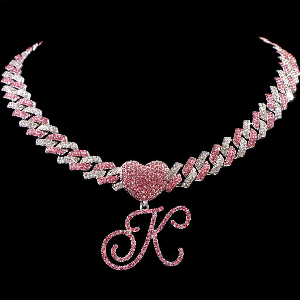 Hip Hop Bling Pink Crystal Cursive Initial Letter Cuban Necklace for Women Iced Out Paved Cuban Chain Necklace Choker Jewelry